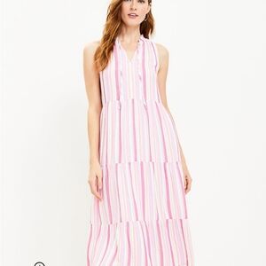 Striped Tiered Tie Neck Midi Loft Dress